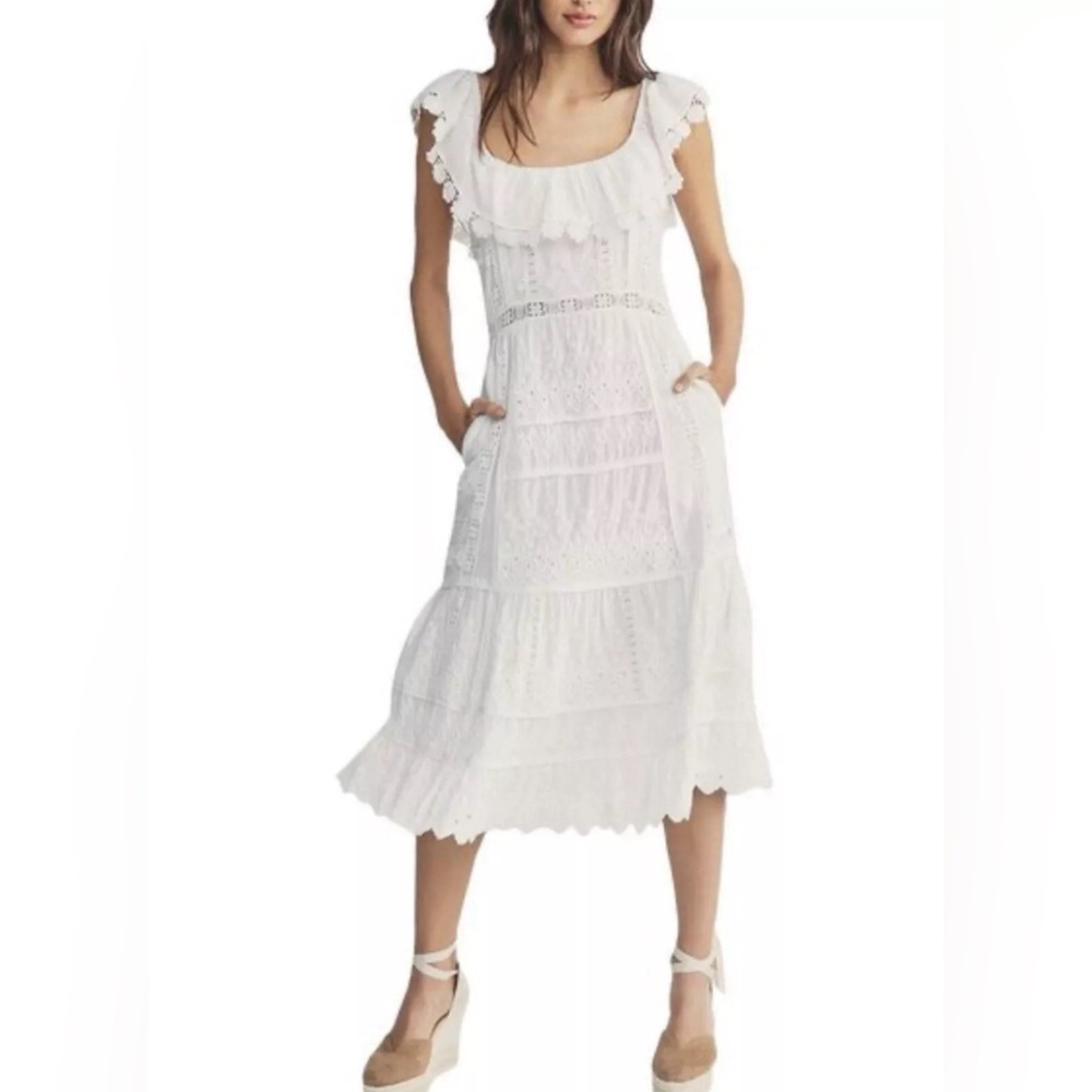 LoveShackFancy Faustine Off White Midi Embroidery Detail Dress Size: 2